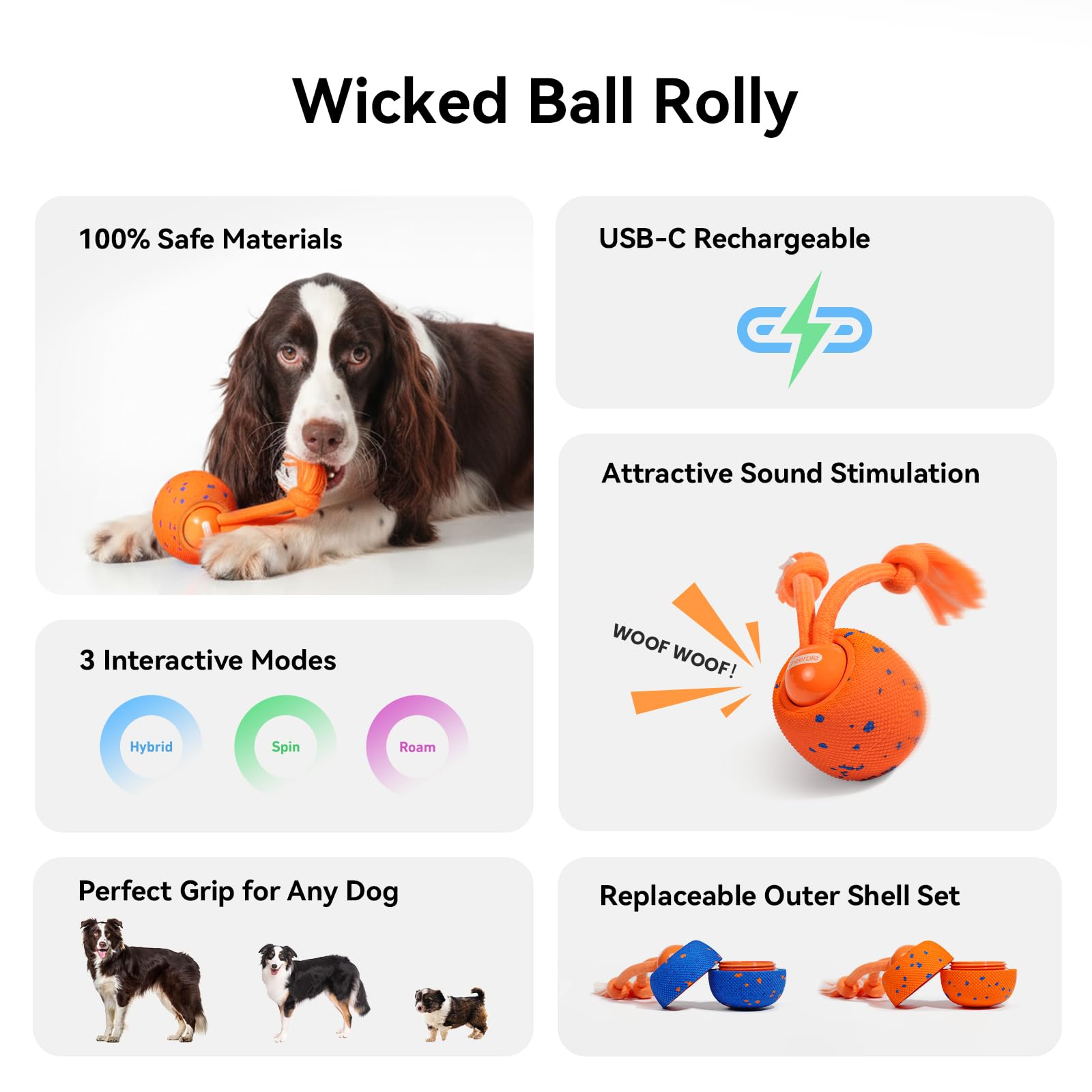 Cheerble Smart Interactive Dog Toy, Wicked Ball Rolly, Automatic Moving, Bouncing, Rotating, E-TPU Material, Active Rolling Interactive Dog Ball for Medium and Large Dogs (Blue)